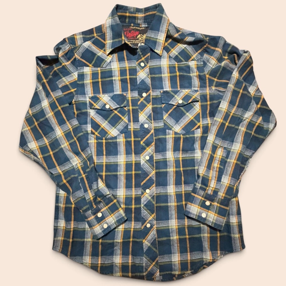 Old Navy Vintage Flannels Mens Small Blue Yellow Plaid Western Snap Front Shirt